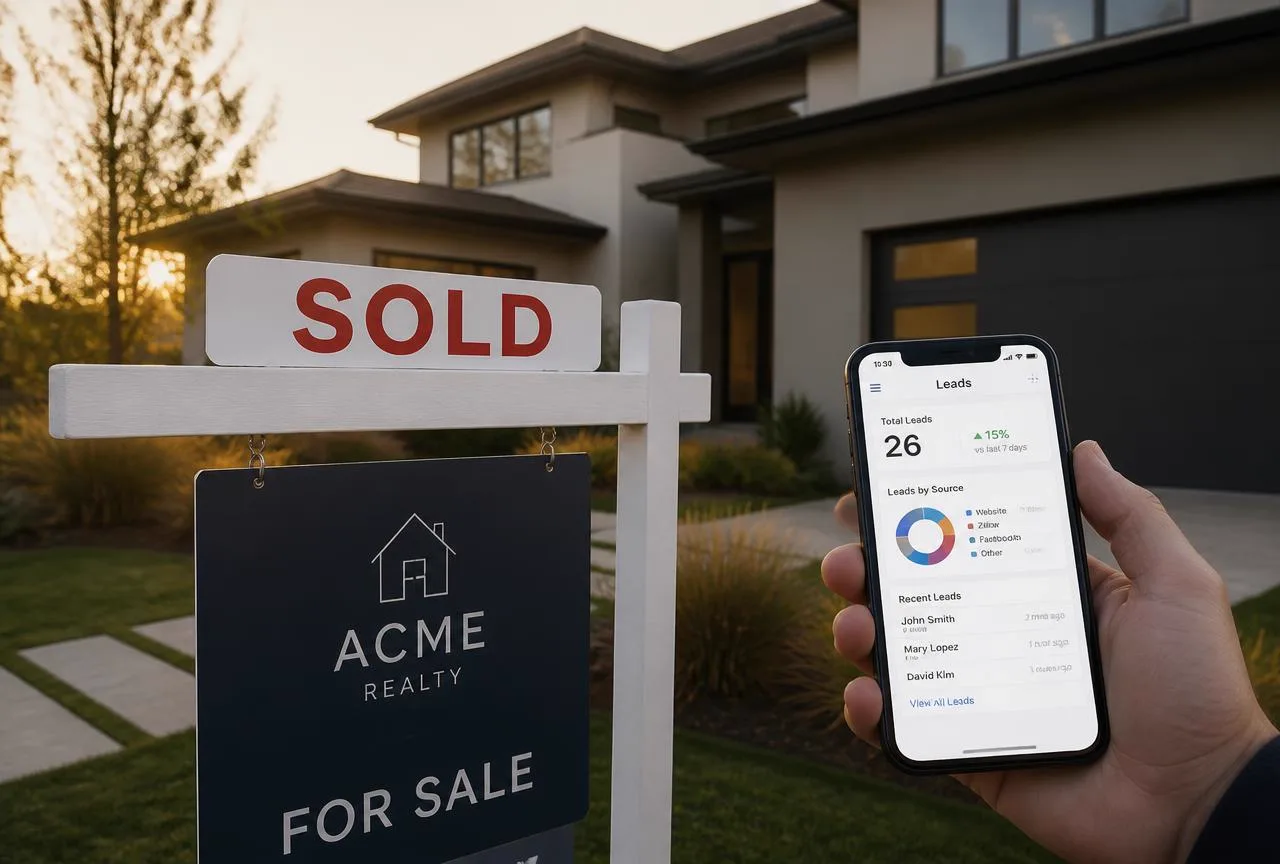 Sold sign in front of a modern home beside a phone showing a leads dashboard