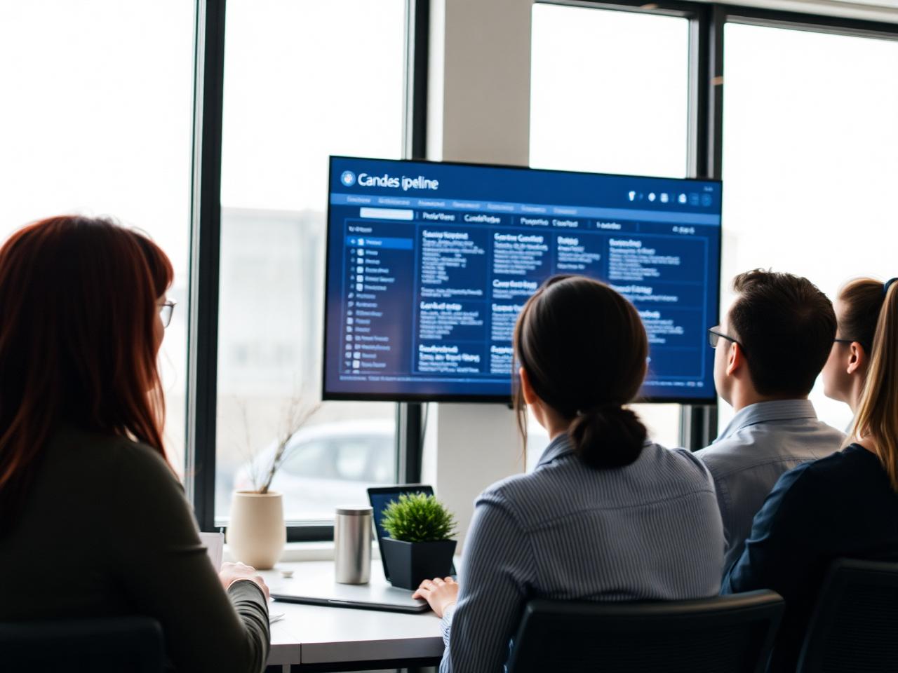 Recruitment team reviewing a candidate pipeline on a wall screen