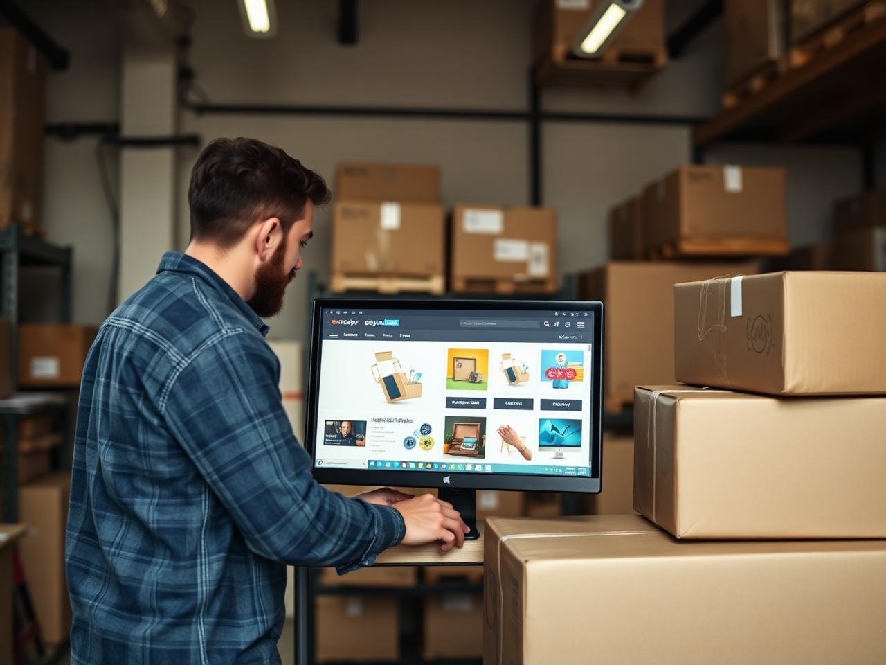Ecommerce marketer reviewing product creative beside packed orders