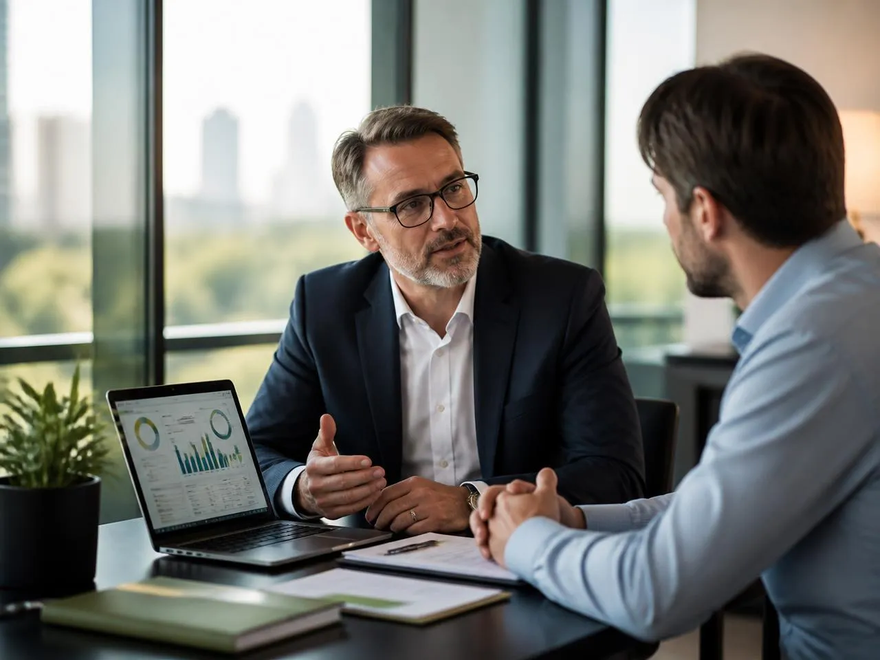 Financial advisor consulting a client in a modern office
