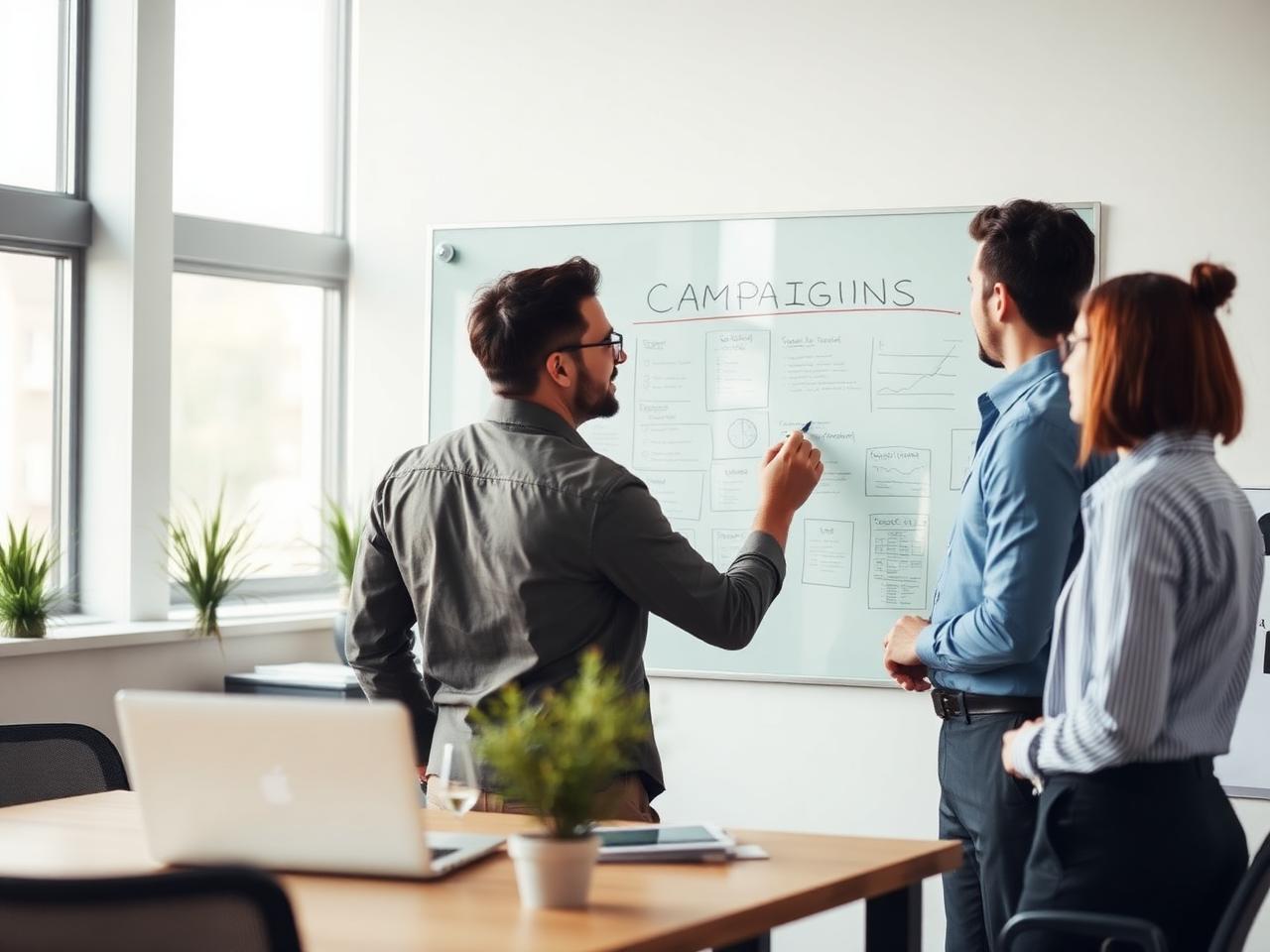 Marketing team mapping a financial services campaign on a glass board
