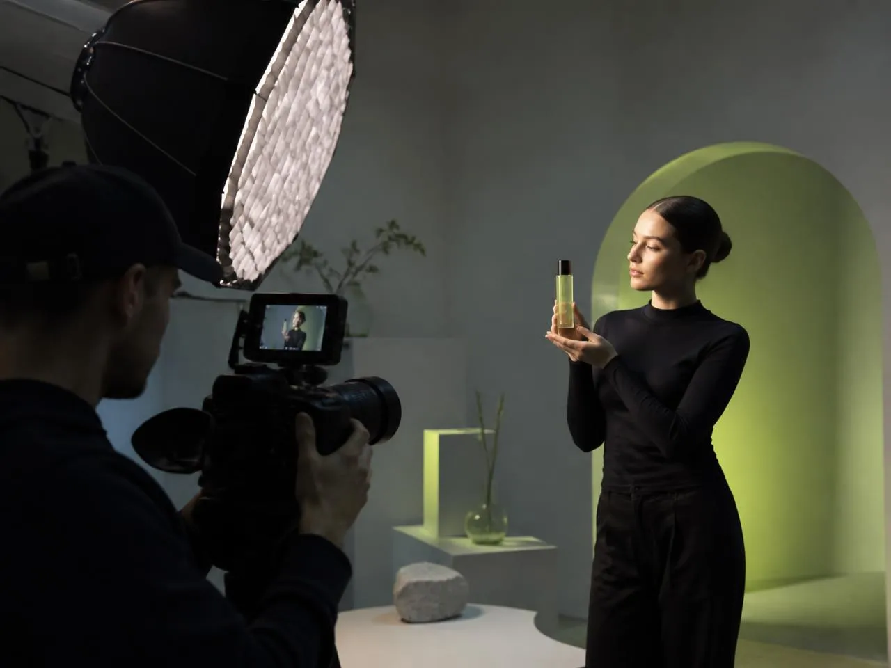Video production crew filming a short-form brand ad in a studio