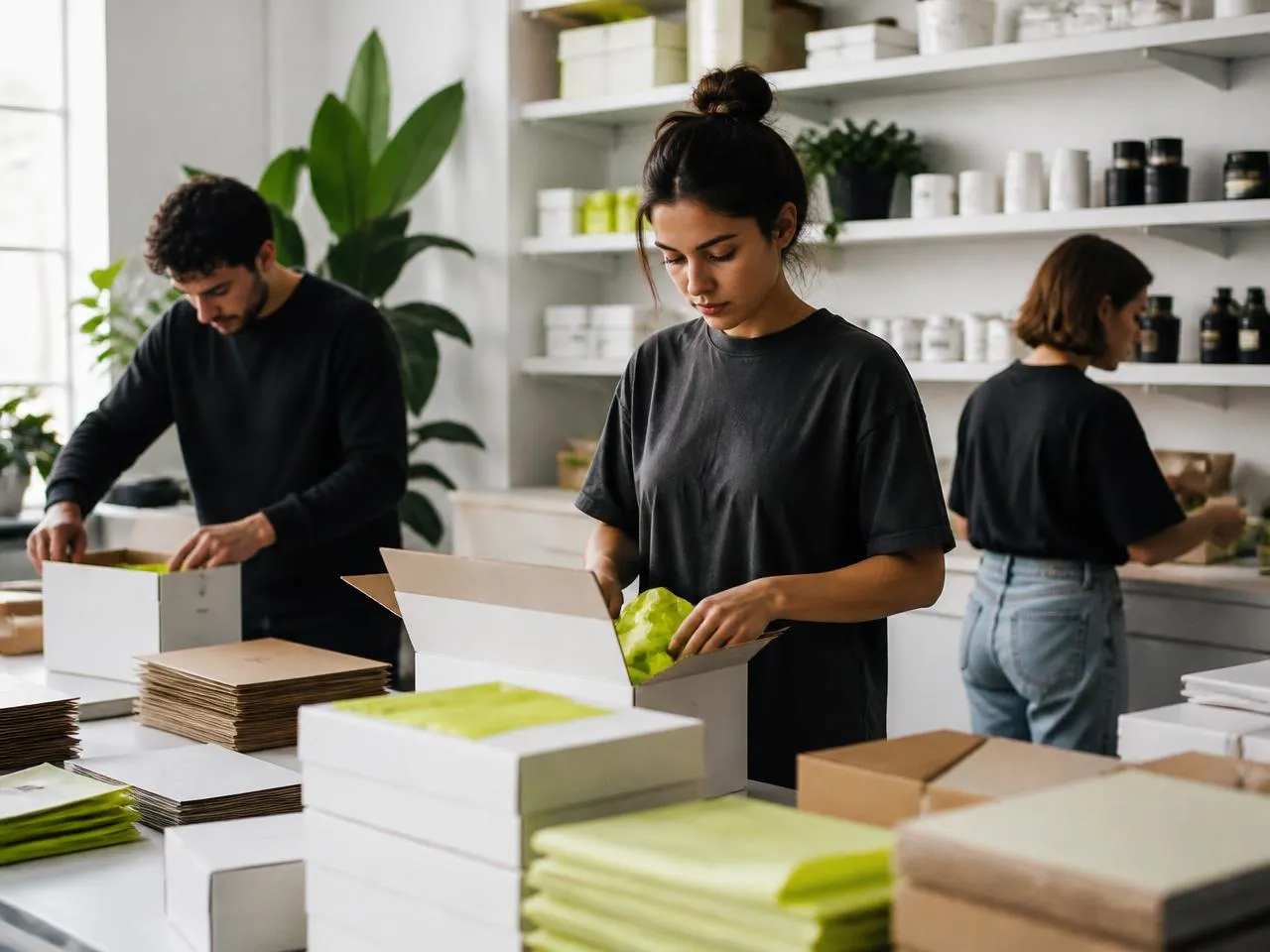 Small ecommerce team packing branded shipping boxes