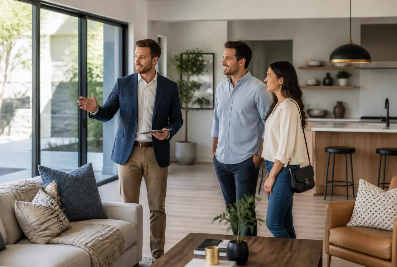 Real estate agent showing a modern open-plan living room to a young couple