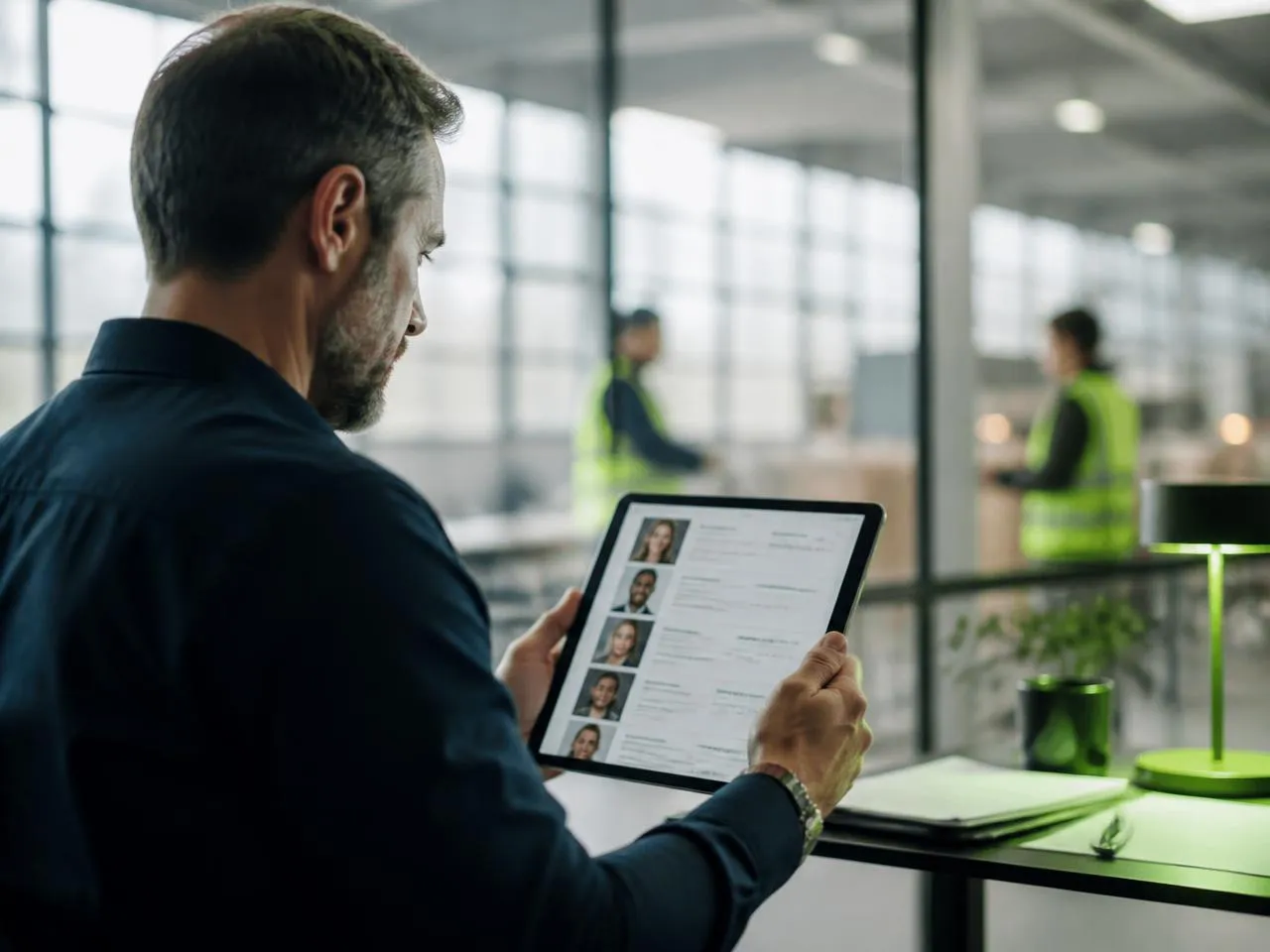 Hiring manager reviewing applicant profiles on a tablet in a warehouse office