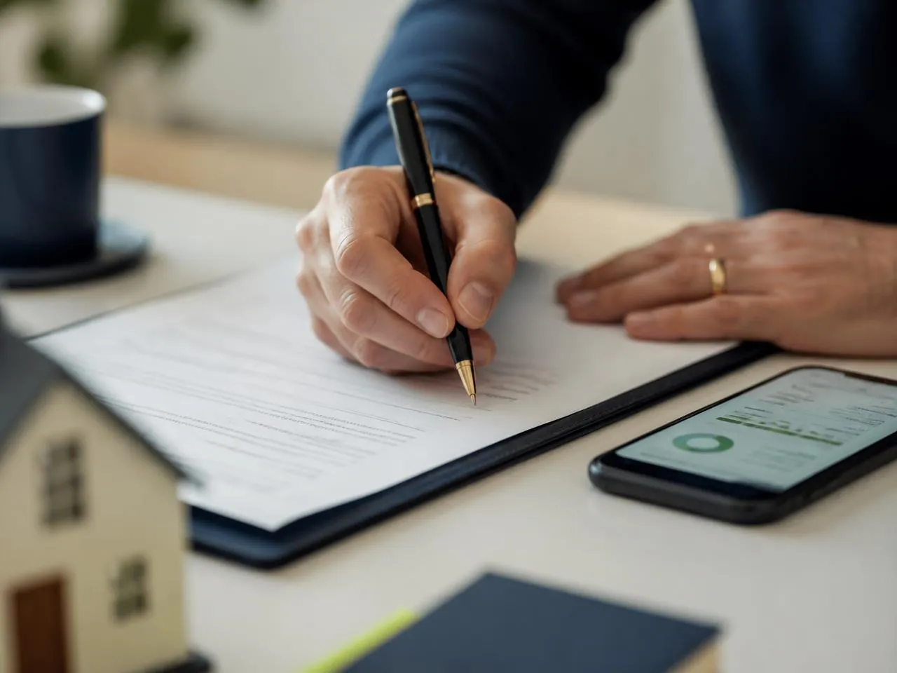 Client signing a loan document beside a phone showing a dashboard