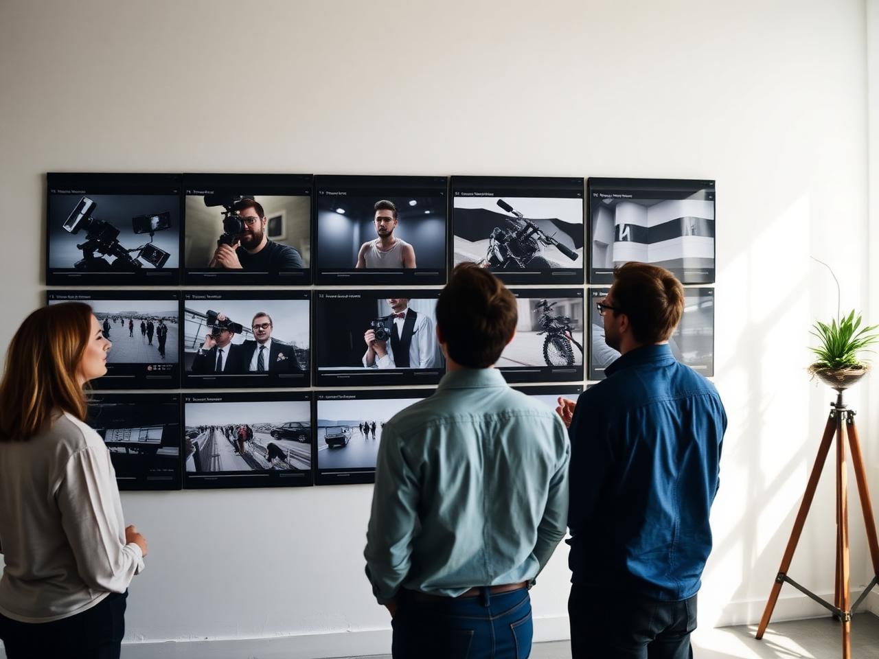 Creative team reviewing a wall of short-form video frames