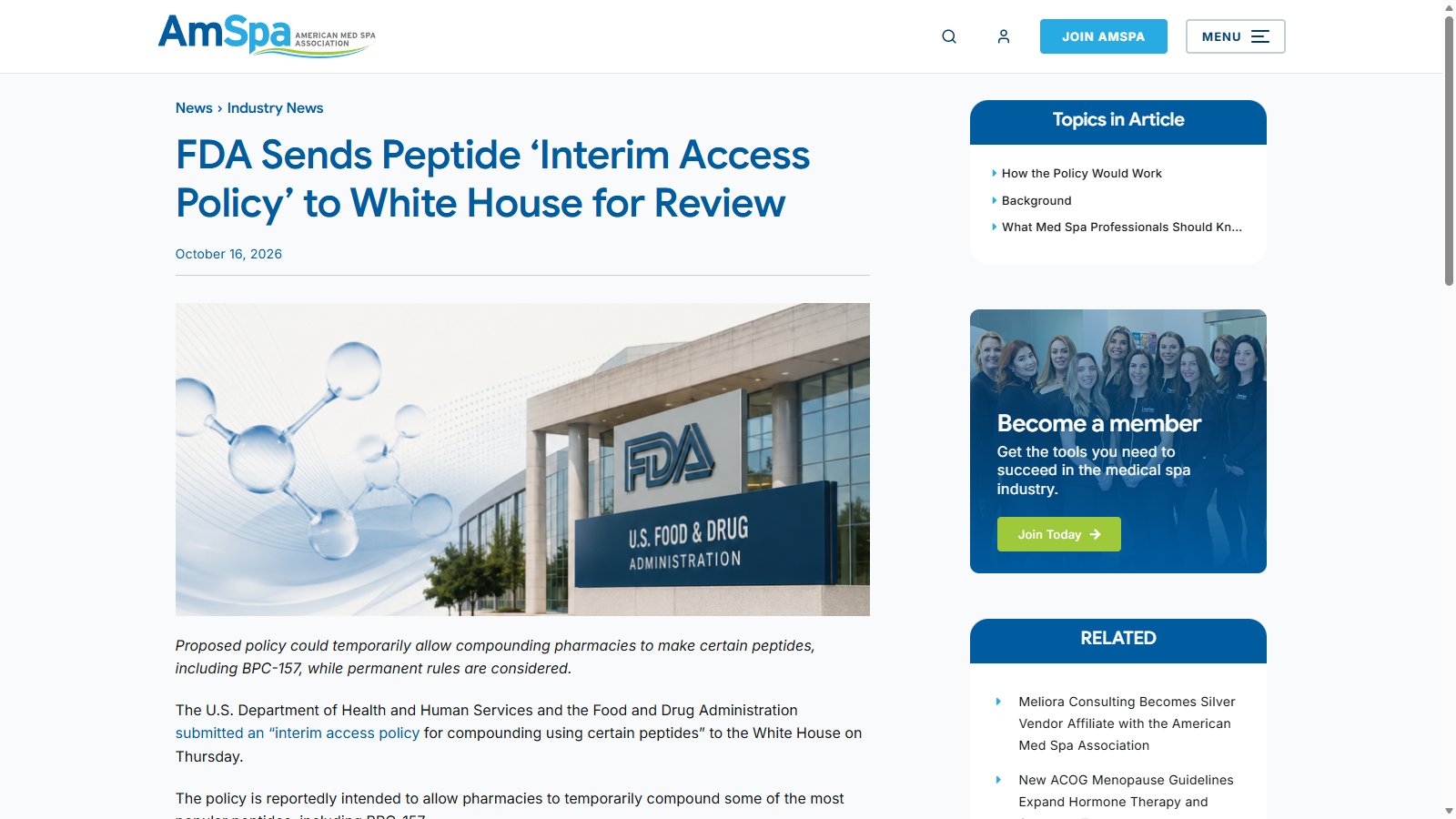 Screenshot of the American Med Spa Association news article about the FDA sending a peptide interim access policy to the White House for review