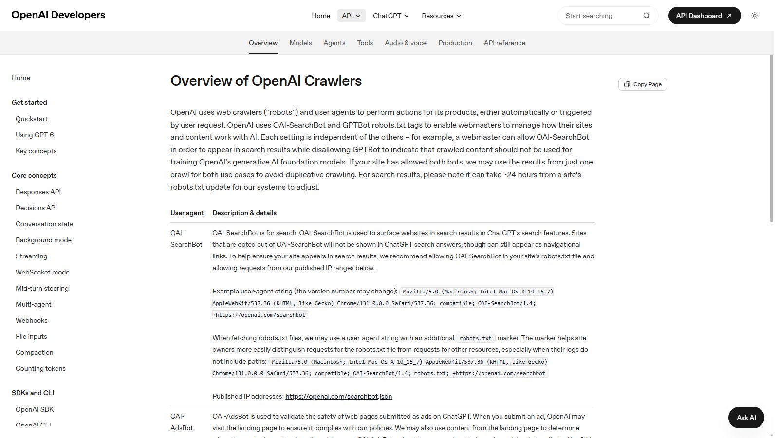 Screenshot of the OpenAI crawler documentation page describing OAI-SearchBot, GPTBot and ChatGPT-User
