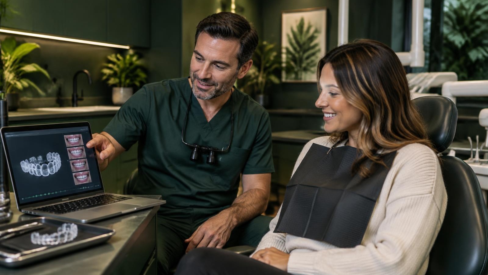 Dentist reviewing Invisalign and cosmetic marketing campaign results on a laptop in a modern dental office