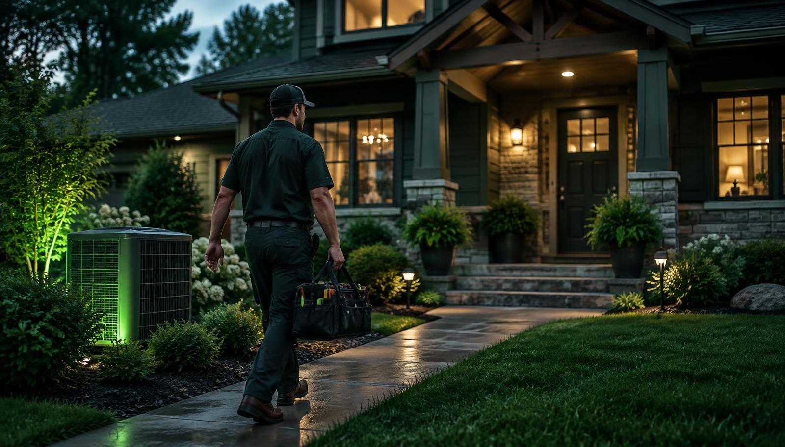 HVAC technician carrying a toolbag toward a suburban family home at dusk in dark green and lime accent lighting