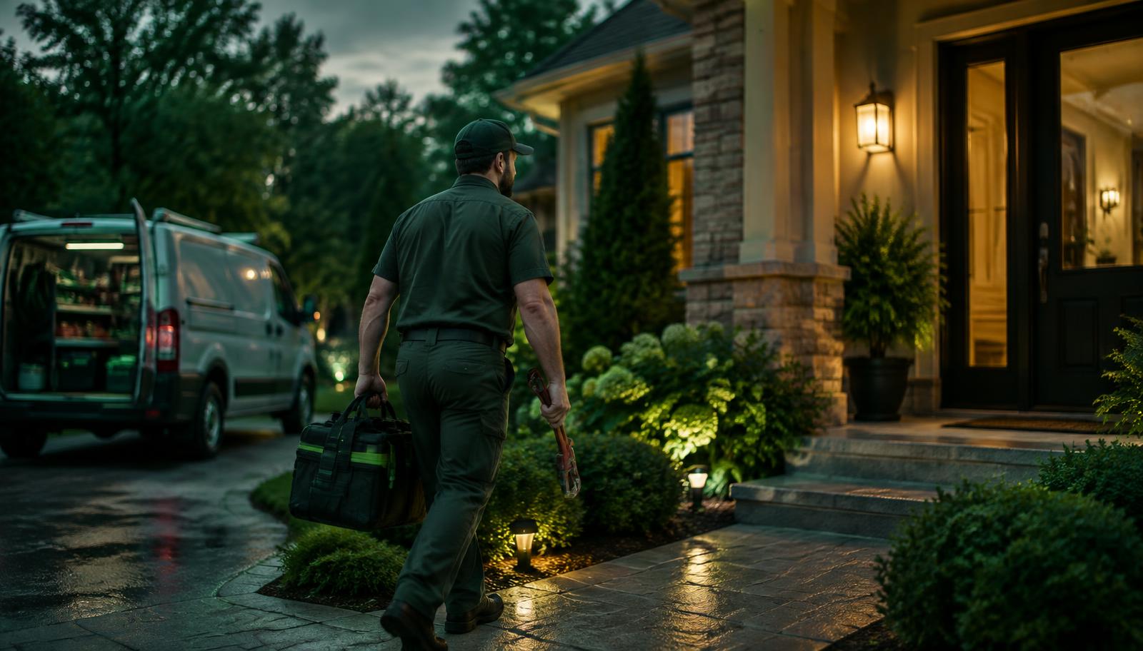 Residential plumber carrying a toolbag and pipe wrench toward a suburban home at dusk