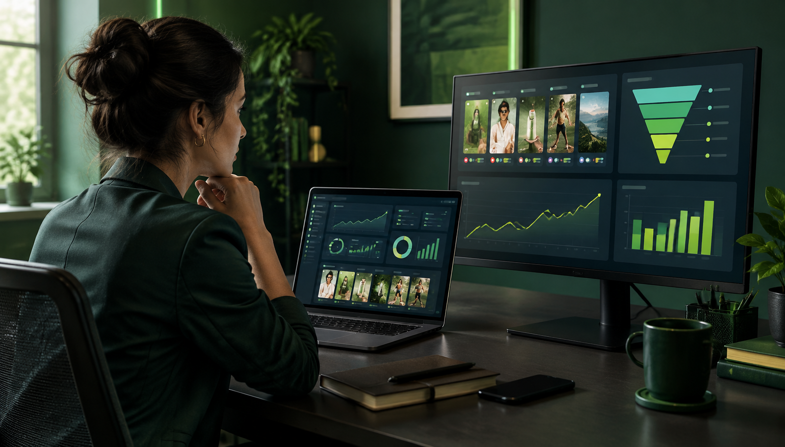 Marketing strategist reviewing social media campaign creatives and conversion performance dashboards on multiple screens