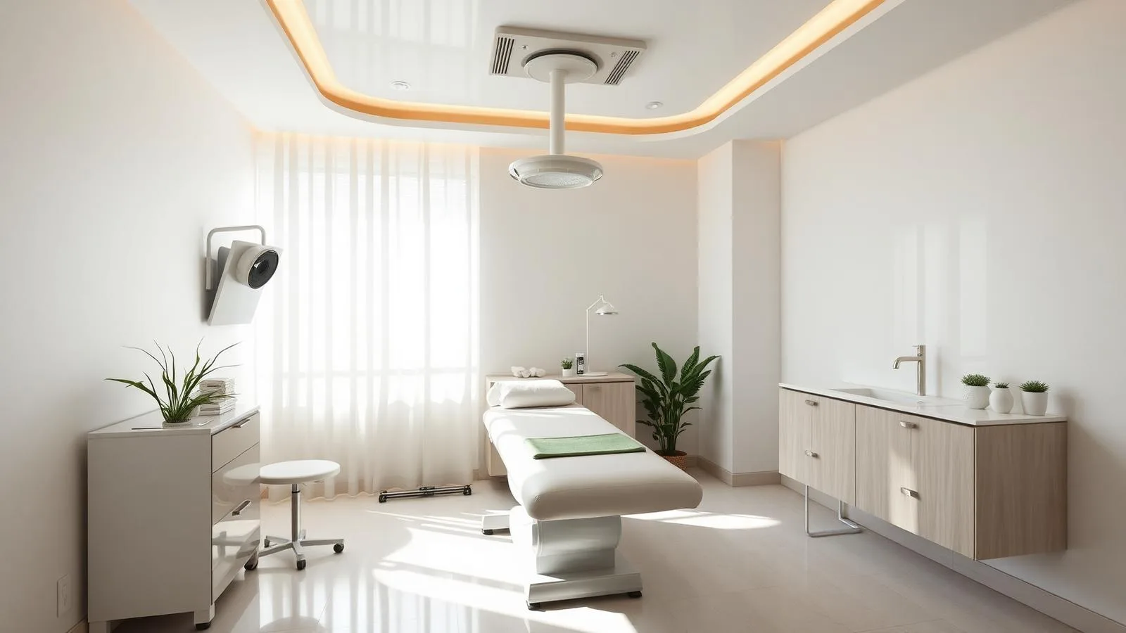 Modern med spa treatment room prepared for a booked client appointment