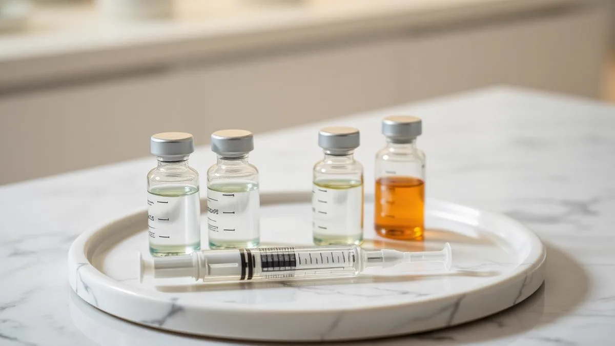 Aesthetic injectable vials and a syringe arranged on a marble tray in a clinic