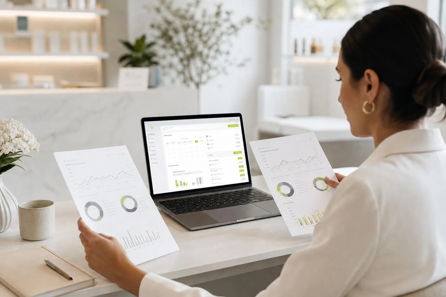 Med spa owner at a bright clinic desk comparing two printed marketing performance reports against a laptop showing a booked appointment dashboard