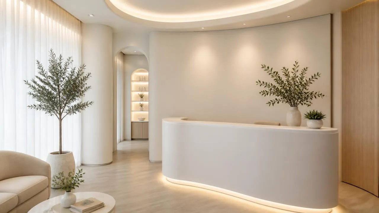 Warmly lit modern med spa reception area with a curved white consultation desk, olive plants, and a soft waiting lounge for new patient consultations
