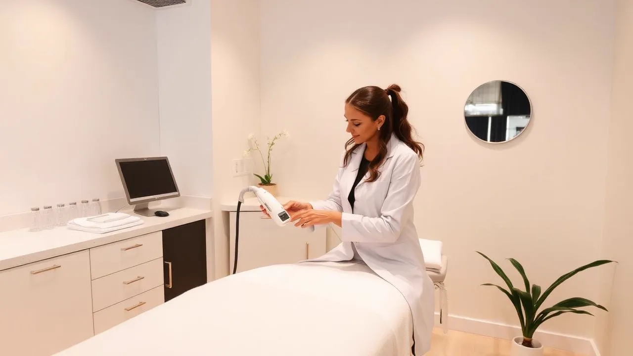 Clinician preparing a non invasive body contouring device in a modern med spa treatment room