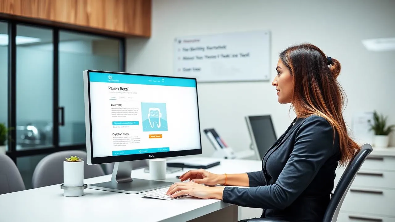 Dental office manager reviewing a patient recall email campaign on a computer at reception