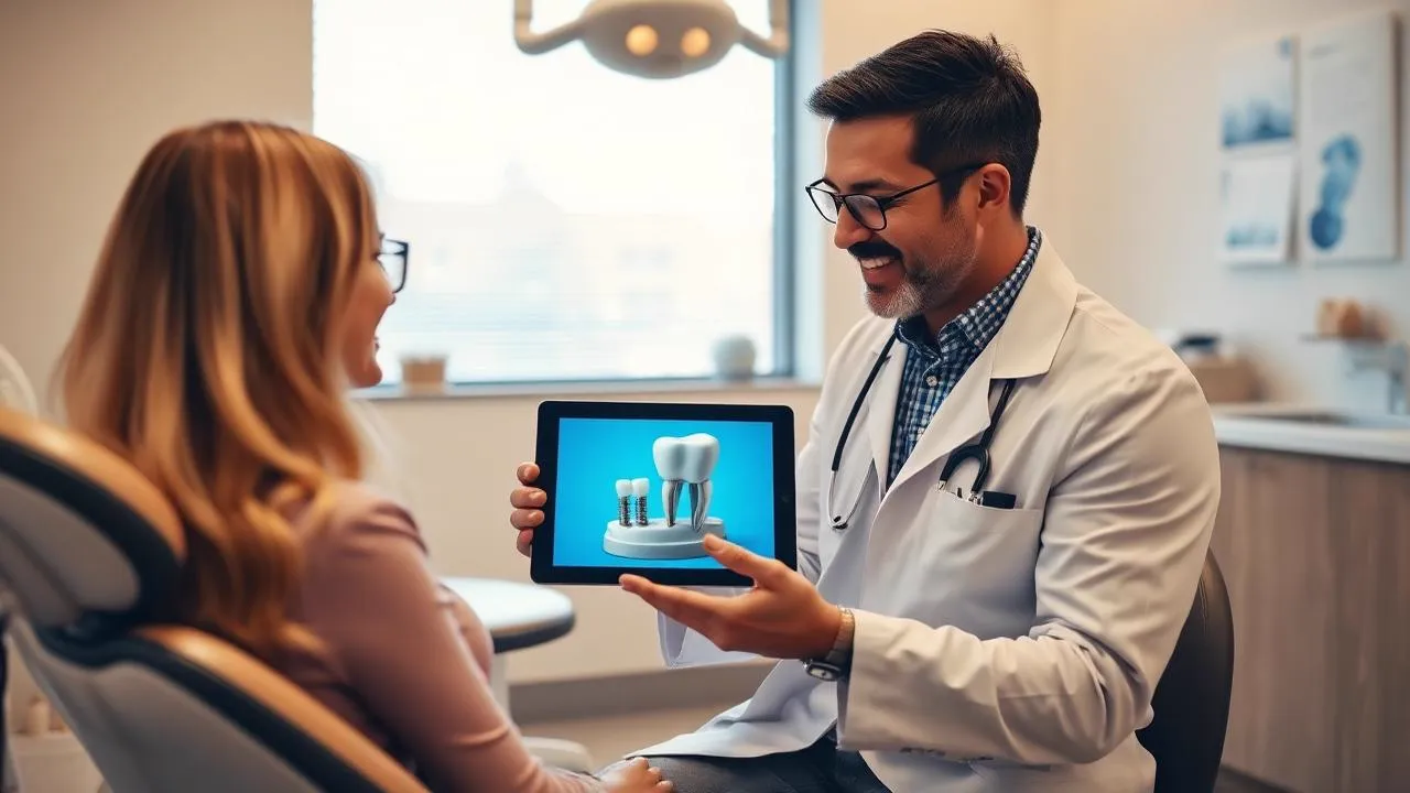 Dentist showing a dental implant model on a tablet to a patient in a bright consultation room