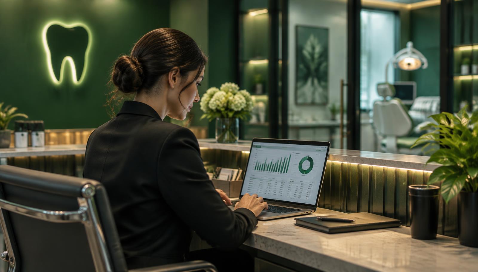 Dental practice manager reviewing ad spend and new patient acquisition data on a laptop at the front desk