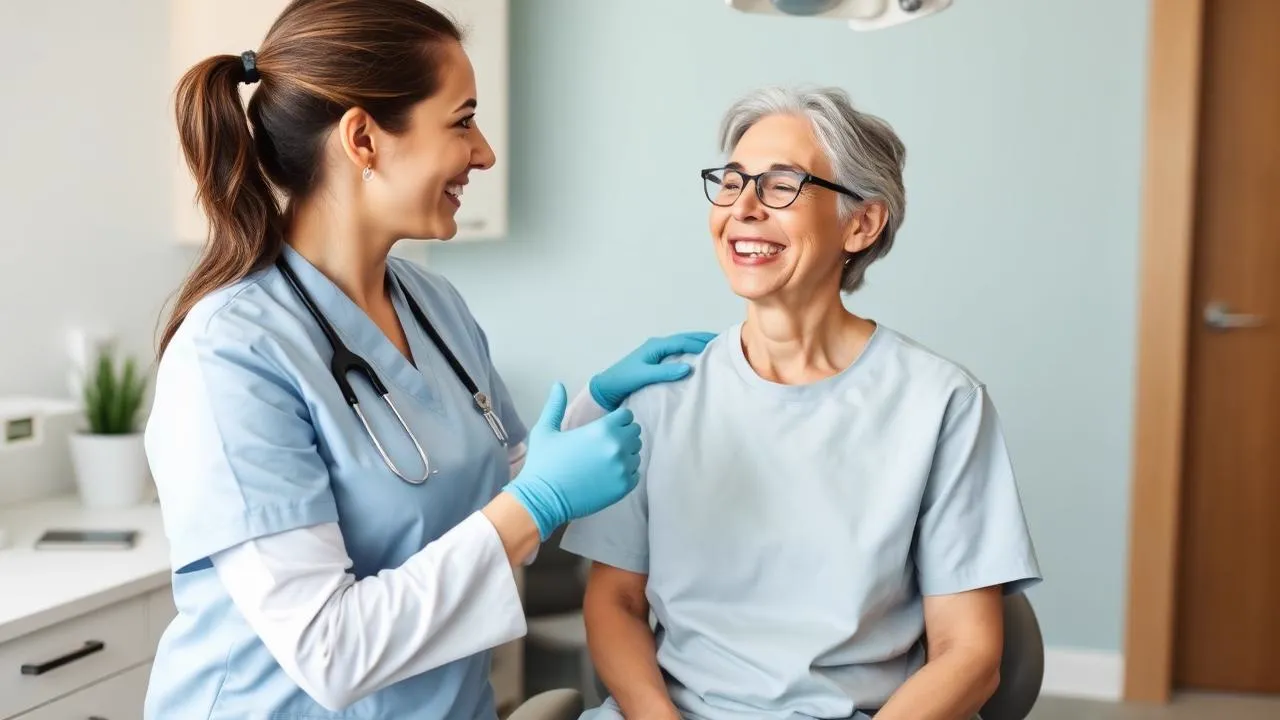 Dental hygienist greeting a returning long-term patient in a modern clinic