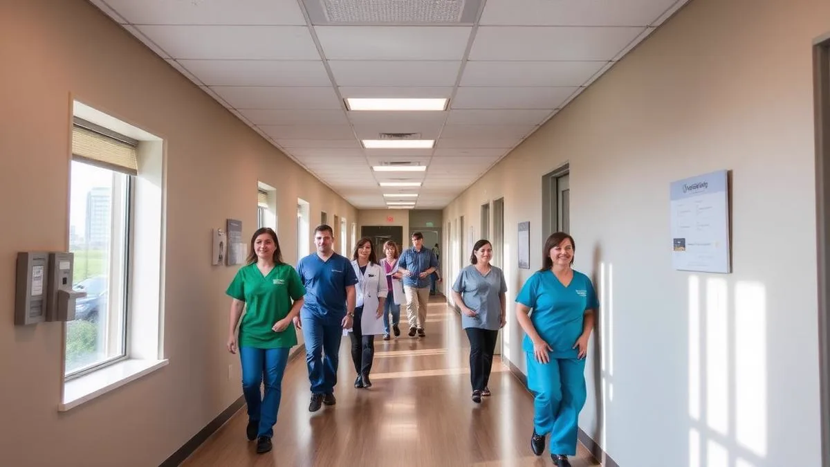 Dental practice team walking through a bright clinic hallway
