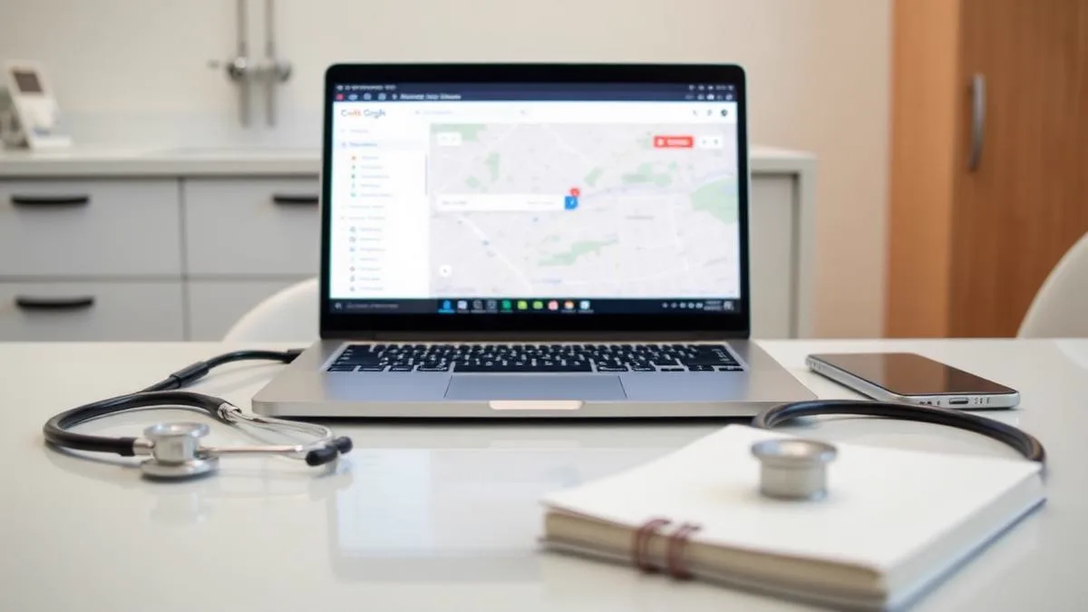 Laptop showing a local map search on a clean dental office desk