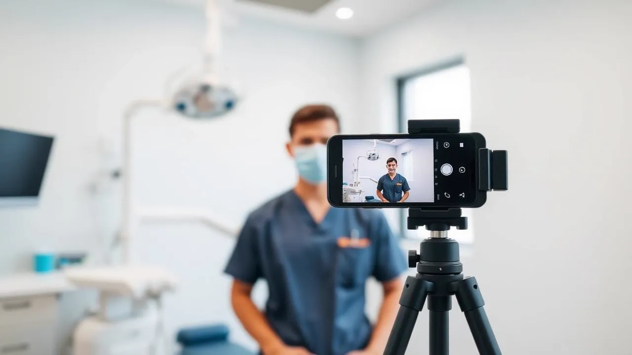 Dental team member filming a short social media video on a phone tripod inside a bright clinic