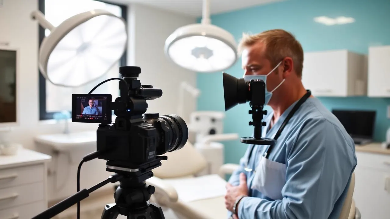 Dentist being filmed with a camera and lighting inside a modern dental office