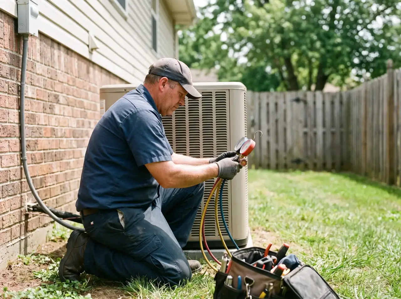 HVAC technician checking refrigerant gauges on an outdoor AC condenser beside a house