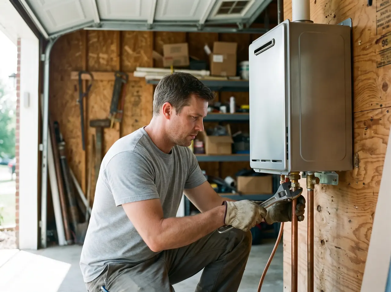 Plumber connecting a new tankless water heater on a garage wall