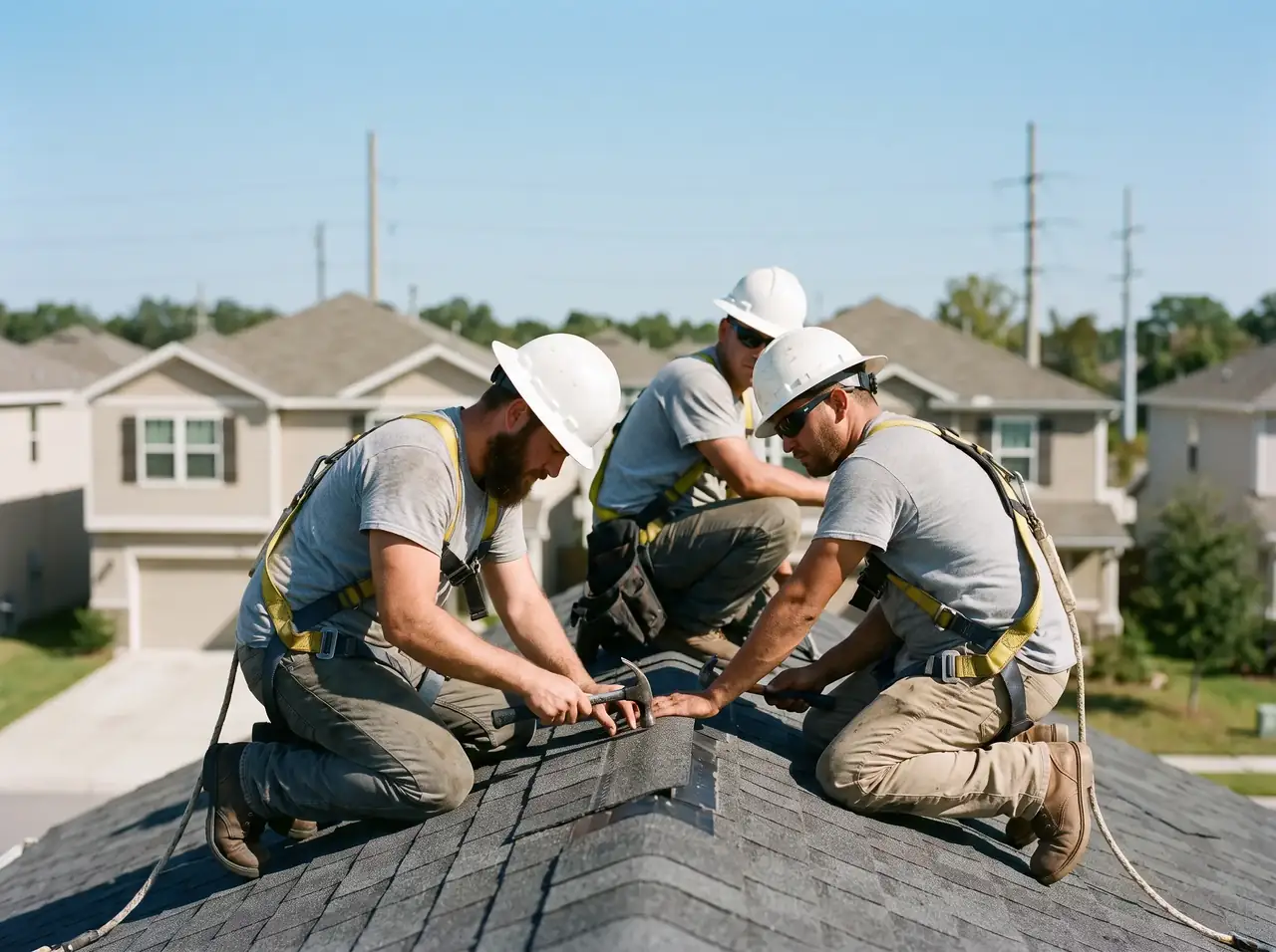 Roofing crew in safety harnesses installing new asphalt shingles on a house