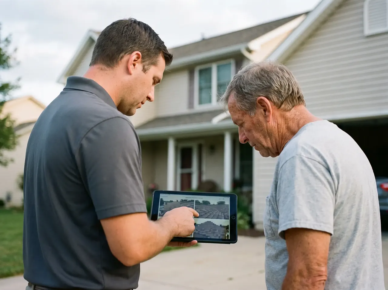 Roofing estimator showing a homeowner roof photos on a tablet in the driveway