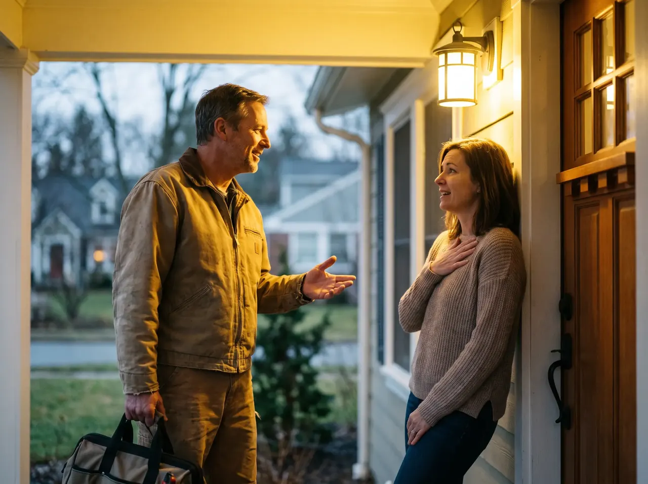 Plumber with a tool bag talking with a homeowner at the front door in the evening