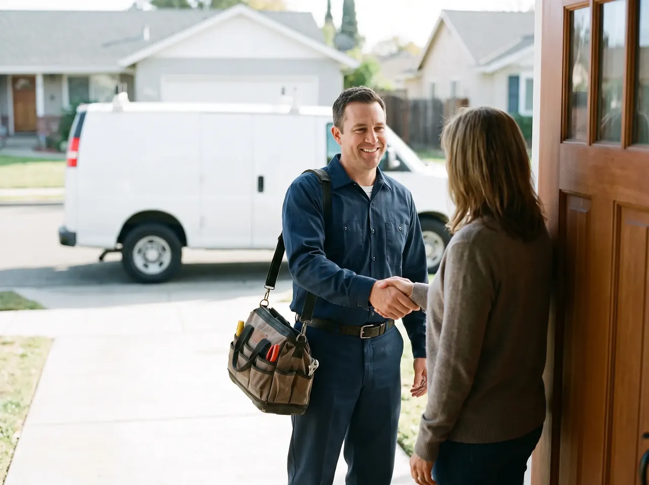 HVAC technician with a tool bag greeting a homeowner at her front door