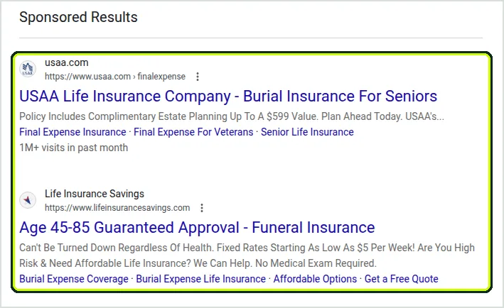 Google sponsored results for burial insurance in Birmingham, Alabama: a USAA burial insurance ad and an Age 45-85 Guaranteed Approval funeral insurance ad