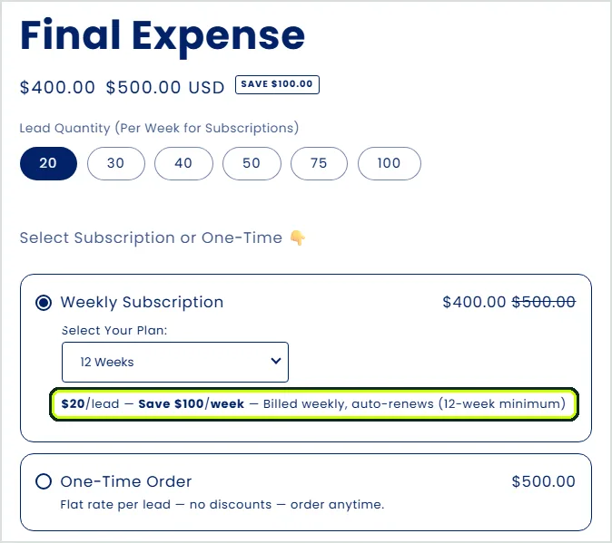 Caboom Leads final expense product page: 20 leads for $400 a week on a 12-week subscription, $20 per lead, or $500 as a one-time order