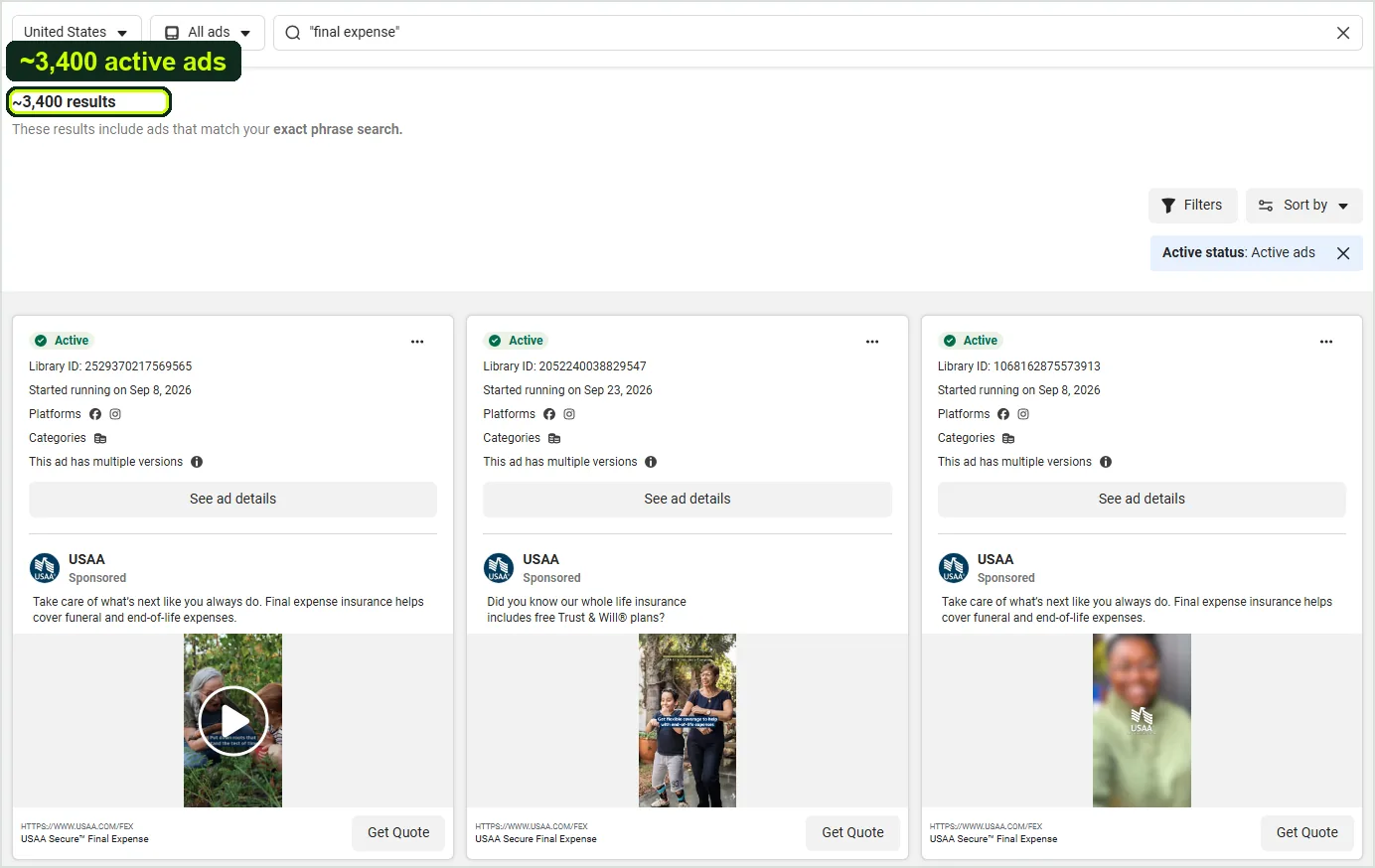 Meta Ad Library exact-phrase search for final expense showing about 3,400 active US ads, with USAA final expense ads that started running in September 2026