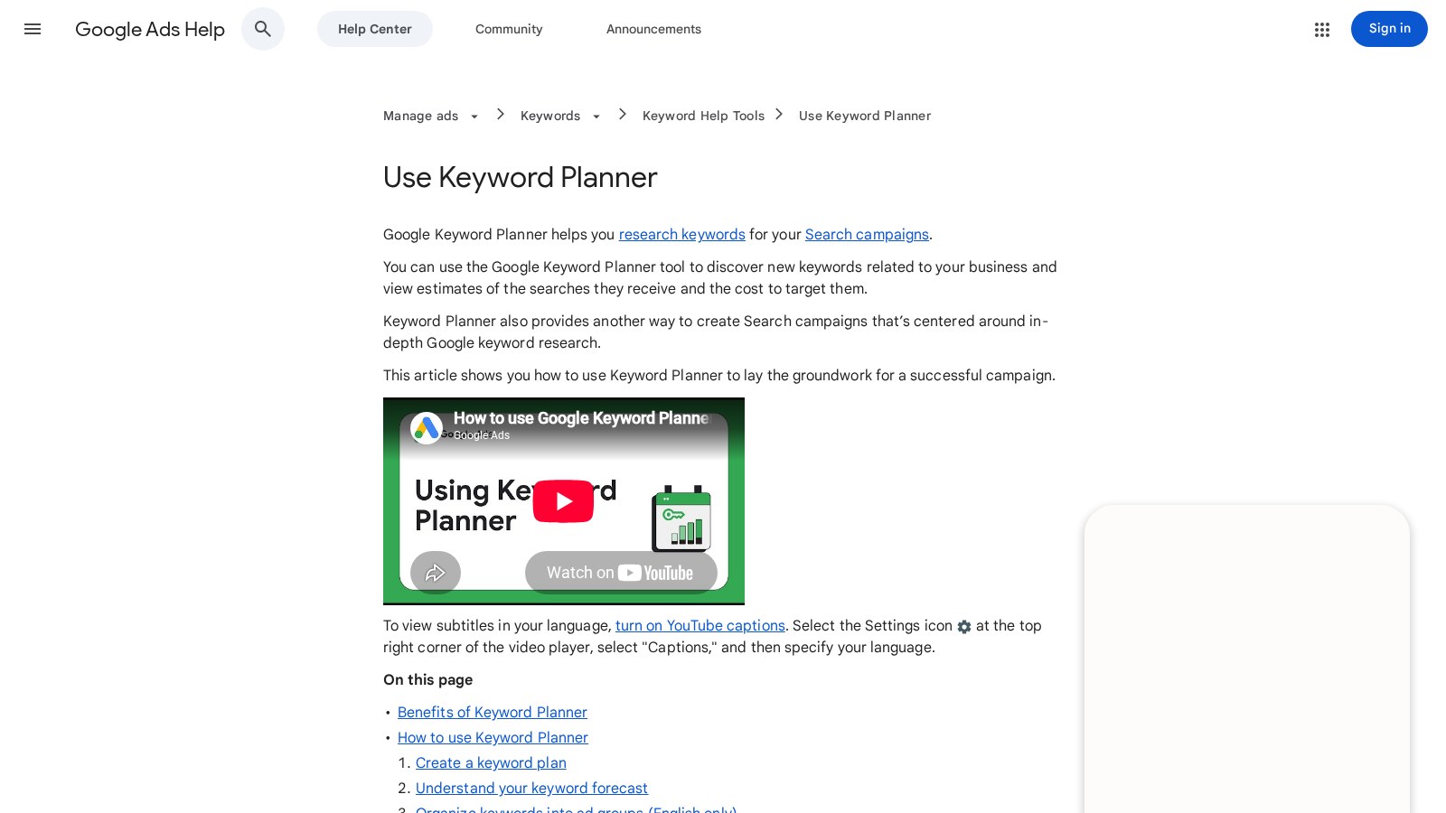 Google Ads Help page explaining how to use Keyword Planner