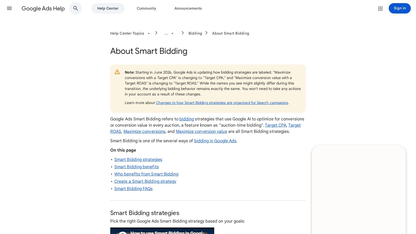 Google Ads Help page describing Smart Bidding strategies