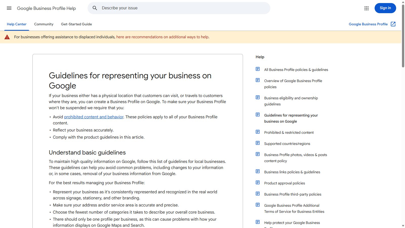 Screenshot of Google's Guidelines for representing your business on Google help page, opening section on representing a business accurately