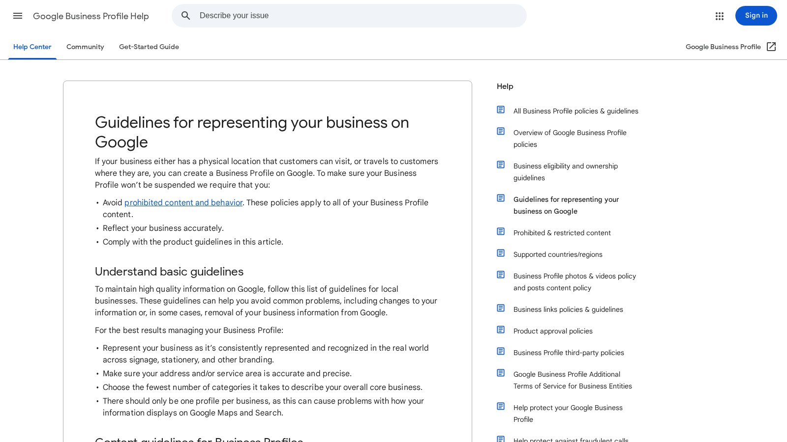 Google Business Profile Help page listing guidelines for representing a business on Google