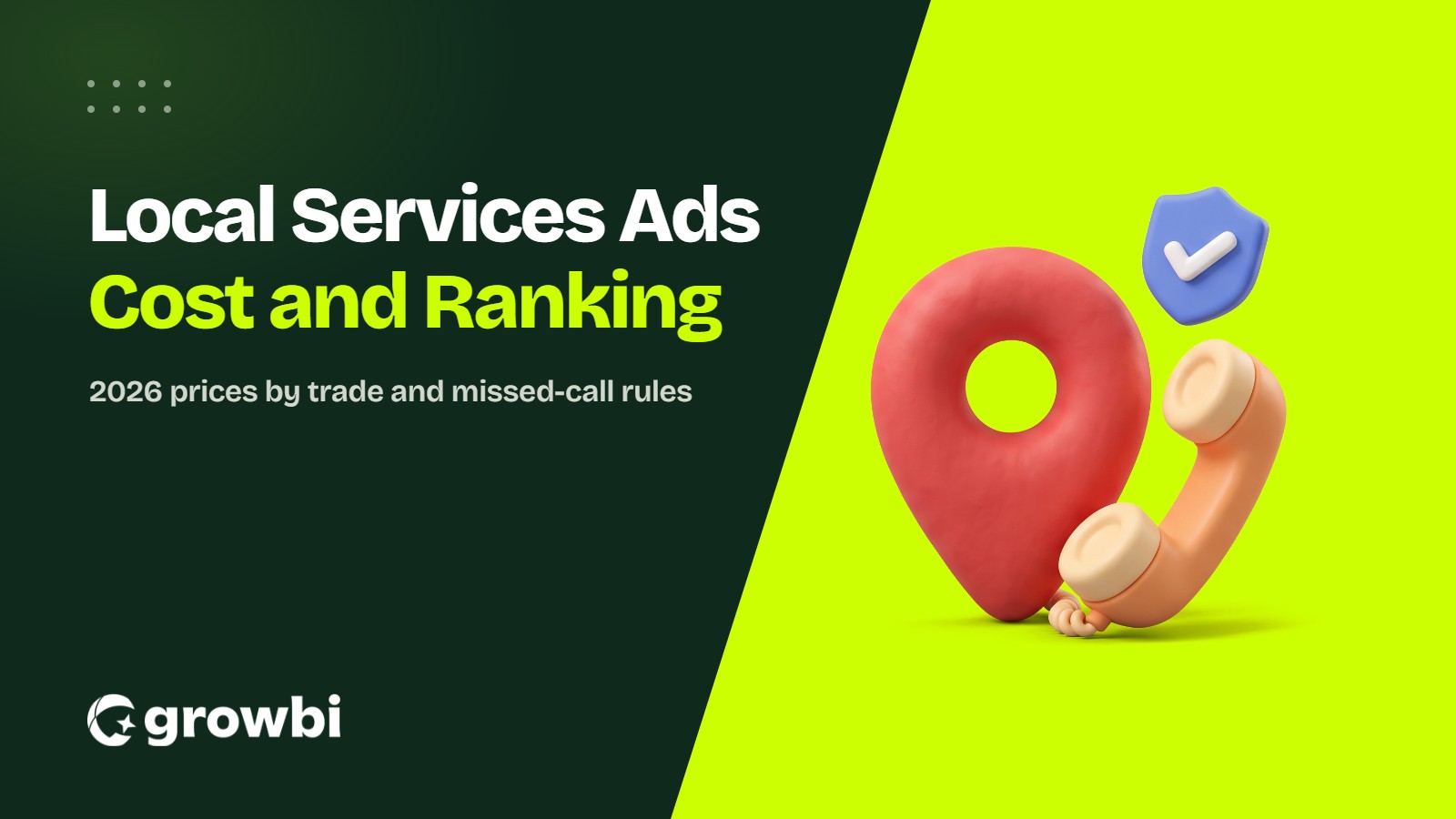 Growbi cover with a 3D red map pin, telephone handset and verified shield next to the title Local Services Ads Cost and Ranking