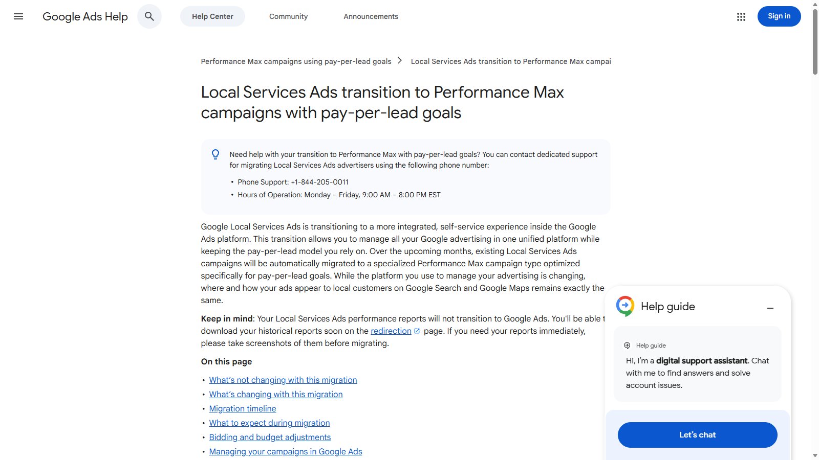 Screenshot of the Google Ads Help article titled Local Services Ads transition to Performance Max campaigns with pay-per-lead goals