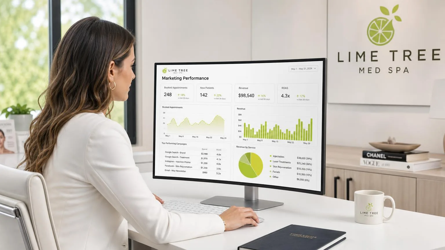 Med spa owner at a bright clinic office reviewing a marketing performance dashboard showing booked appointments, revenue and return on ad spend