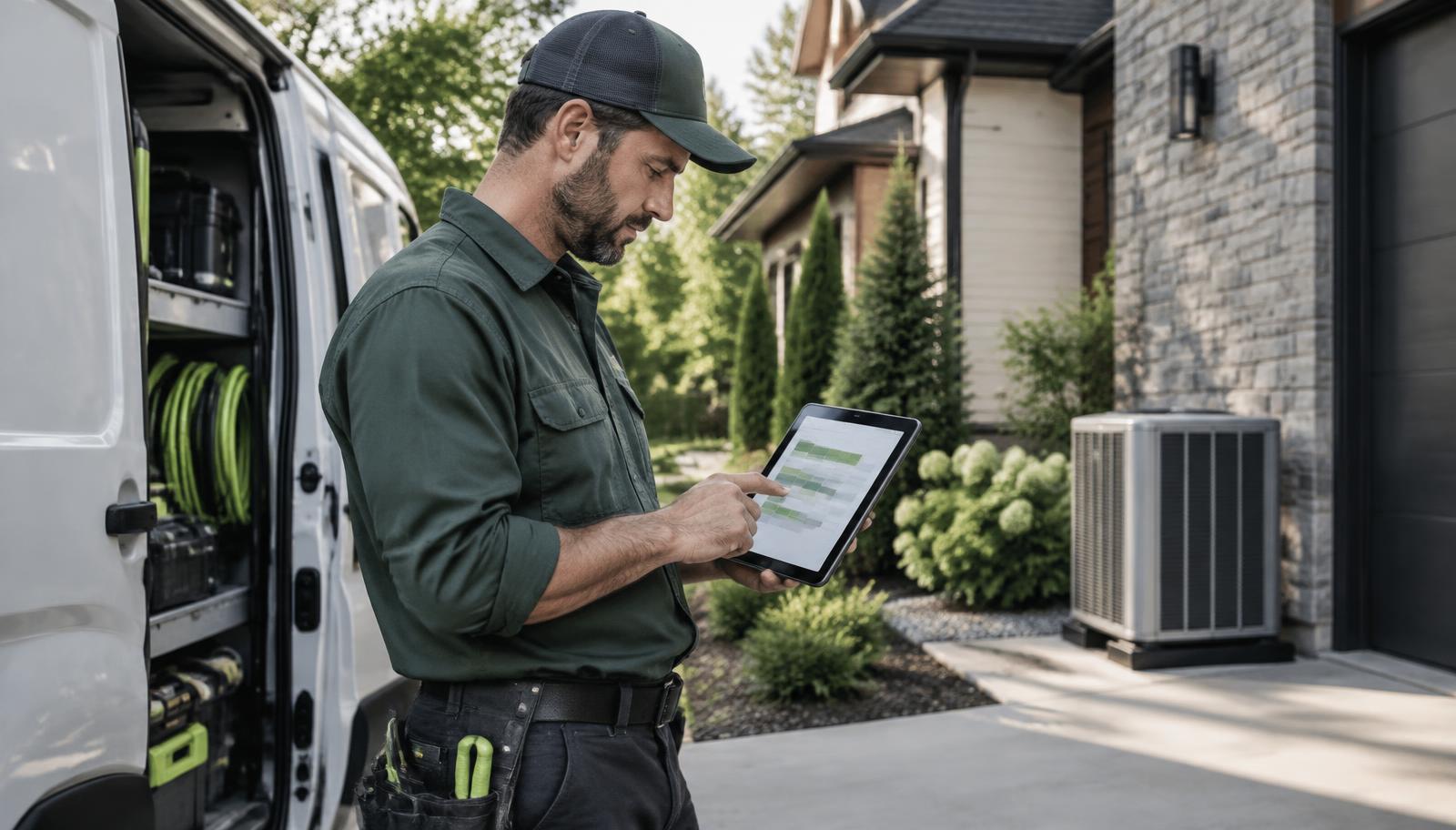 Home service technician reviewing a booked appointment schedule on a tablet in dark green and lime brand tones