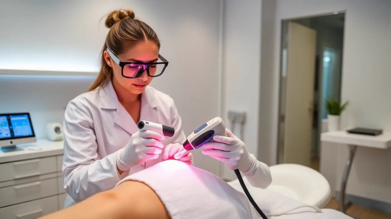 Technician performing a laser hair removal treatment on a client in a modern clinic