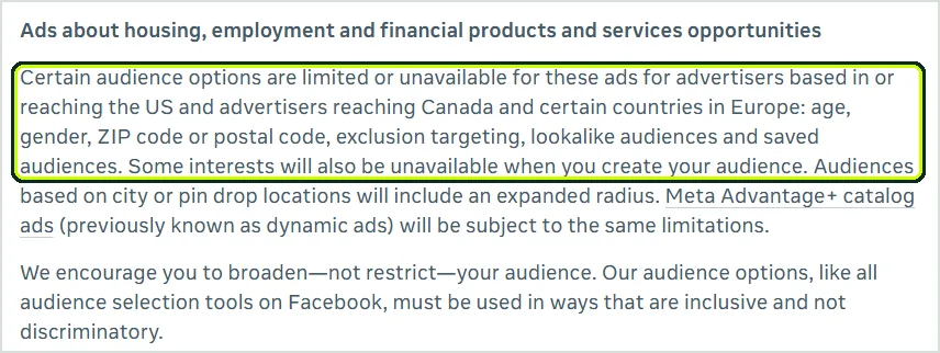Meta Business Help Center paragraph stating that age, gender, ZIP code, exclusion targeting, lookalike audiences and saved audiences are limited or unavailable for financial products and services ads in the US