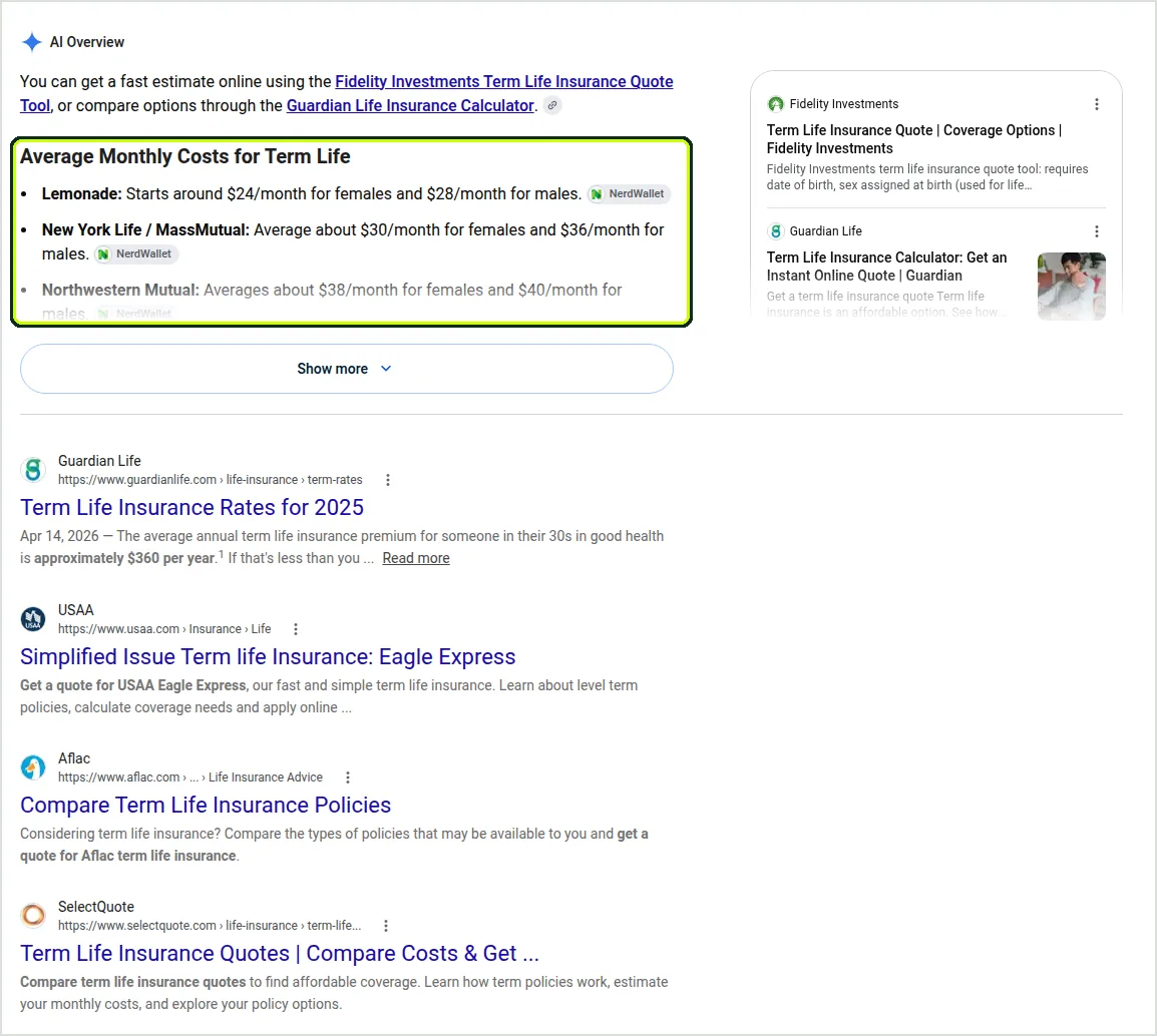 Google results for term life insurance quotes in Phoenix: an AI Overview listing average monthly costs from Lemonade, New York Life and Northwestern Mutual, followed by Guardian, USAA, Aflac and SelectQuote